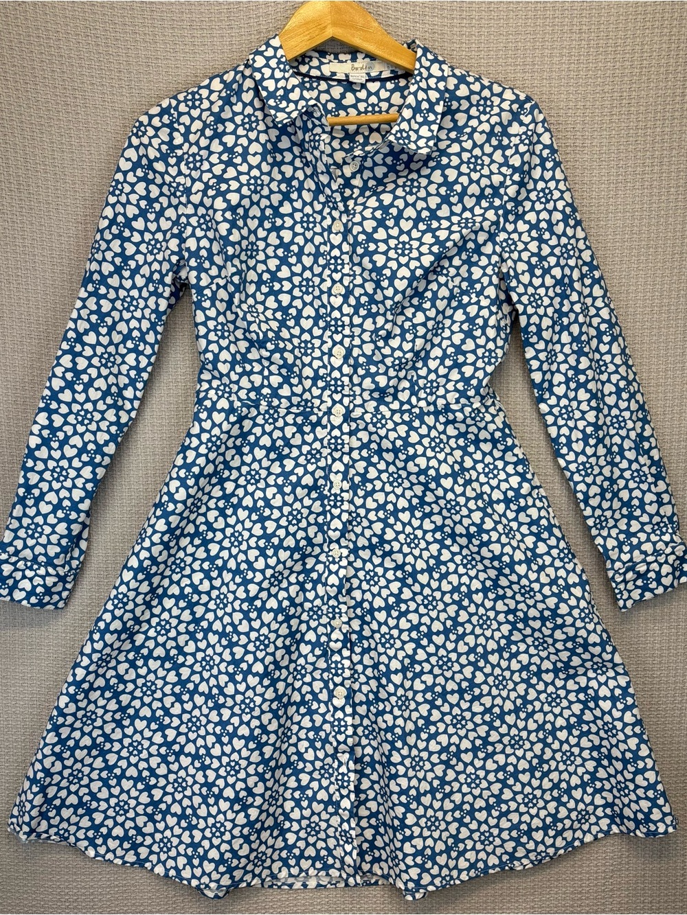 Boden Size 6 P Hearts Blue White Long Sleeve Midi Shirt Dress Collared Cute